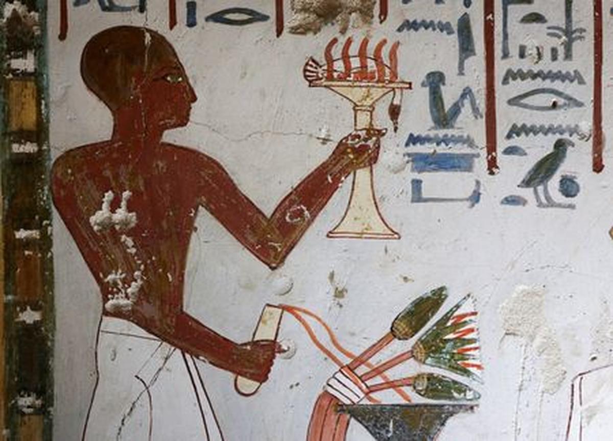 Ancient Egyptian paintings adorn the newly restored tomb wall, inside the recently restored ancient "Amenhotep Rabuia" (TT416) in the El-Khokha necropolis on the west bank of the Nile in Luxor, where Egyptian authorities have announced the completion of restoration work on two 18th Dynasty tombs belonging to Amenhotep Rabuia and his son Samut, dating back to the reigns of Pharaohs Thutmose III and Thutmose IV, that contain scenes illustrating daily life, funerary practices, and religious imagery from ancient Egypt, in Egypt, May 14, 2026. REUTERS/Mohamed Abd El Ghany