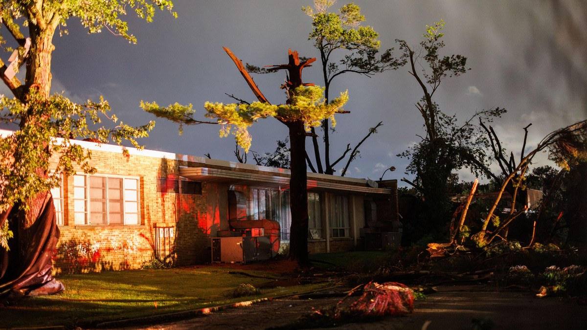 Andrean High School sits damaged after a tornado passed through the area on June 11, 2026, in Merrillville, Indiana. (Armando L. Sanchez/Chicago Tribune/TNS)