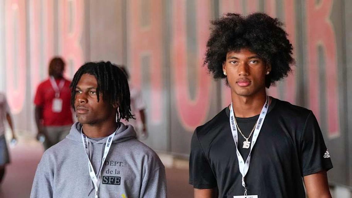  Aug 31, 2024; Columbus, OH, USA; Ohio State Buckeyes recruits Kayden Dixon-Wyatt and Chris Henry Jr. walk onto the field prior to the NCAA football game against the Akron Zips at Ohio Stadium. Ohio State won 52-6. | Adam Cairns/Columbus Dispatch / USA TODAY NETWORK via Imagn Images 