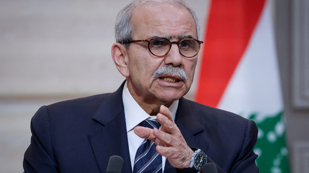 FILE PHOTO: Lebanese Prime Minister Nawaf Salam speaks during a declaration press event held along with French President Emmanuel Macron (not pictured) following their meeting at the Elysee Presidential Palace in Paris, France, April 21, 2026. Ludovic Marin/Pool via REUTERS/File Photo