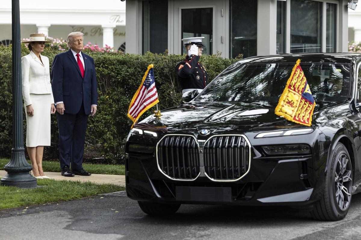 President Donald Trump and first lady Melania Trump watch as King Charles III and Queen Camilla depart after a visit to the White House in Washington, on Tuesday, April 28, 2026. (Anna Rose Layden/The New York Times)