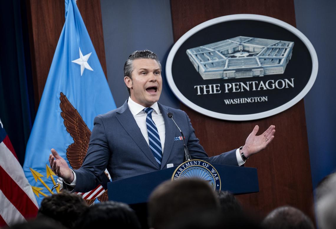 Secretary of Defense Pete Hegseth provides updates on the war in Iran at the Pentagon in Arlington, Va., Thursday, April 16, 2026. (Pete Marovich/The New York Times)