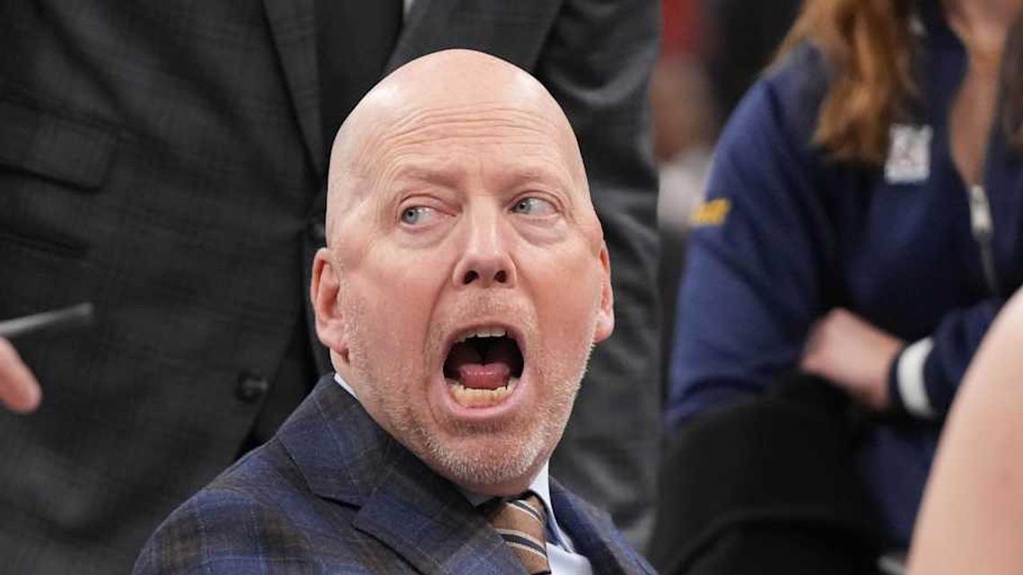  Mar 13, 2026; Chicago, IL, USA; UCLA Bruins head coach Mick Cronin talks to his team in a timeout during the first half of the game against the Michigan State Spartans at United Center. Mandatory Credit: David Banks-Imagn Images | David Banks-Imagn Images 