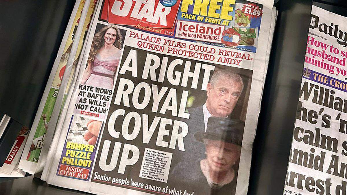 In this photo illustration, the front page of The Daily Star newspaper reports on possible further tensions around Andrew Mountbatten-Windsor and his links to Jeffrey Epstein in London on Feb. 23. The former U.K. prince was stripped of his titles over his connections to the late convicted sex offender and was arrested this year over accusations of misconduct in public office, after reports that he may have shared confidential information with Epstein while serving as a British trade envoy.