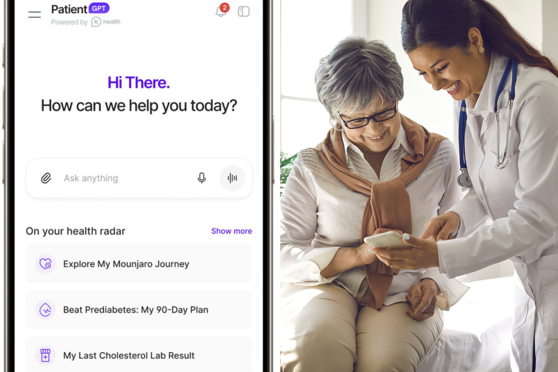  A screenshot of K Health’s Patient GPT software (left) and a stock image of a doctor showing a female patient something on a phone in a consultation room (right). 
