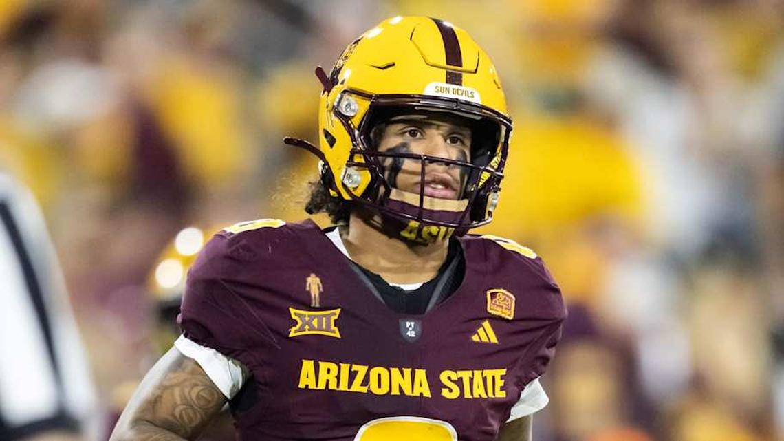 Nov 28, 2025; Tempe, Arizona, USA; Arizona State Sun Devils wide receiver Jordyn Tyson (0) against the Arizona Wildcats in the first half during the 99th Territorial Cup at Mountain America Stadium. Mandatory Credit: Mark J. Rebilas-Imagn Images | Mark J. Rebilas-Imagn Images 