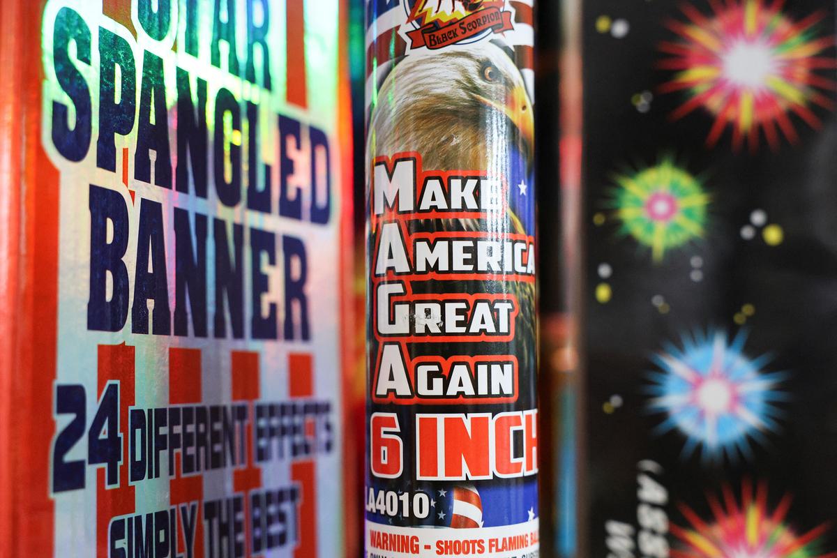 Firework products for the U.S. market are displayed at the showroom of Chili Fireworks in Liling, Hunan province, China, April 9, 2026.  REUTERS/Go Nakamura
