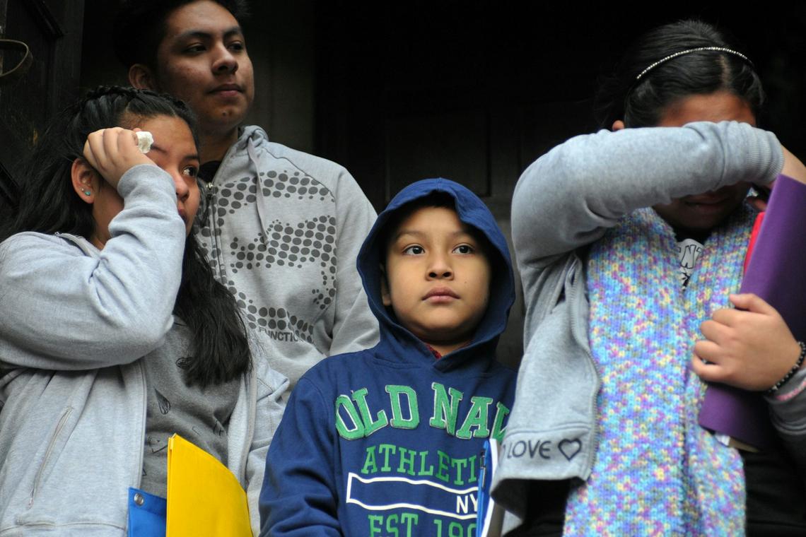  Accompanied by elected officials, clergy and community activists, the four undocumented children of Carmela Apolonio Hernández step out of sanctuary at the Church of the Advocate in North Philadelphia in 2018. Bastiaan Slabbers/NurPhoto via Getty Images 