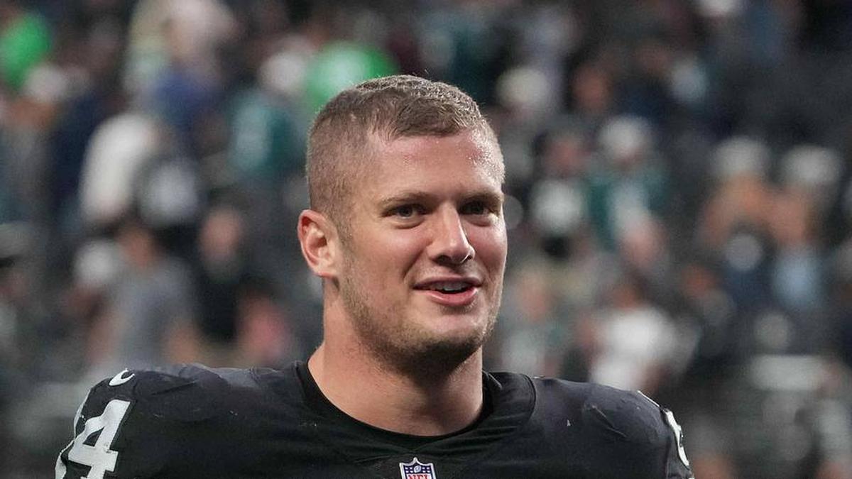  Oct 24, 2021; Paradise, Nevada, USA; Las Vegas Raiders defensive end Carl Nassib (94) reacts after the game against the Philadelphia Eagles Allegiant Stadium. The Raiders defeated the Eagles 33-22. Mandatory Credit: Kirby Lee-Imagn Images | Kirby Lee-Imagn Images 