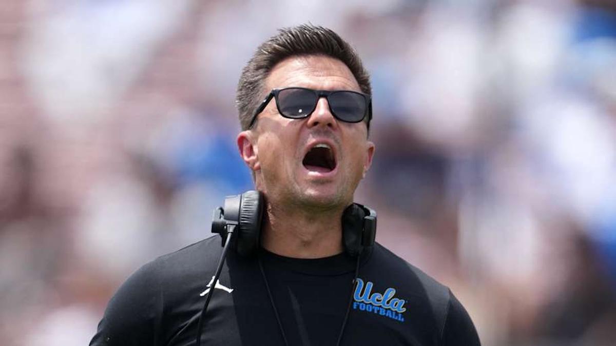  May 2, 2026; Pasadena, CA, USA; UCLA Bruins coach Bob Chesney reacts during the spring game at Rose Bowl. Mandatory Credit: Kirby Lee-Imagn Images | Kirby Lee-Imagn Images 