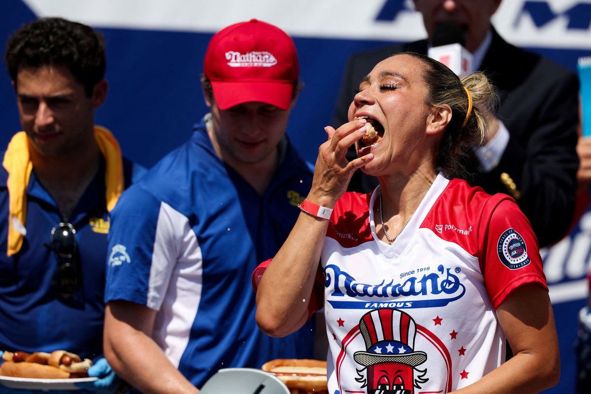 Miki Sudo from Tampa, Florida, participates in the 2026 Nathan's Famous International Hot Dog Eating Contest, at Coney Island, Brooklyn in New York City, U.S., July 4, 2026. REUTERS/Jordan Tovin