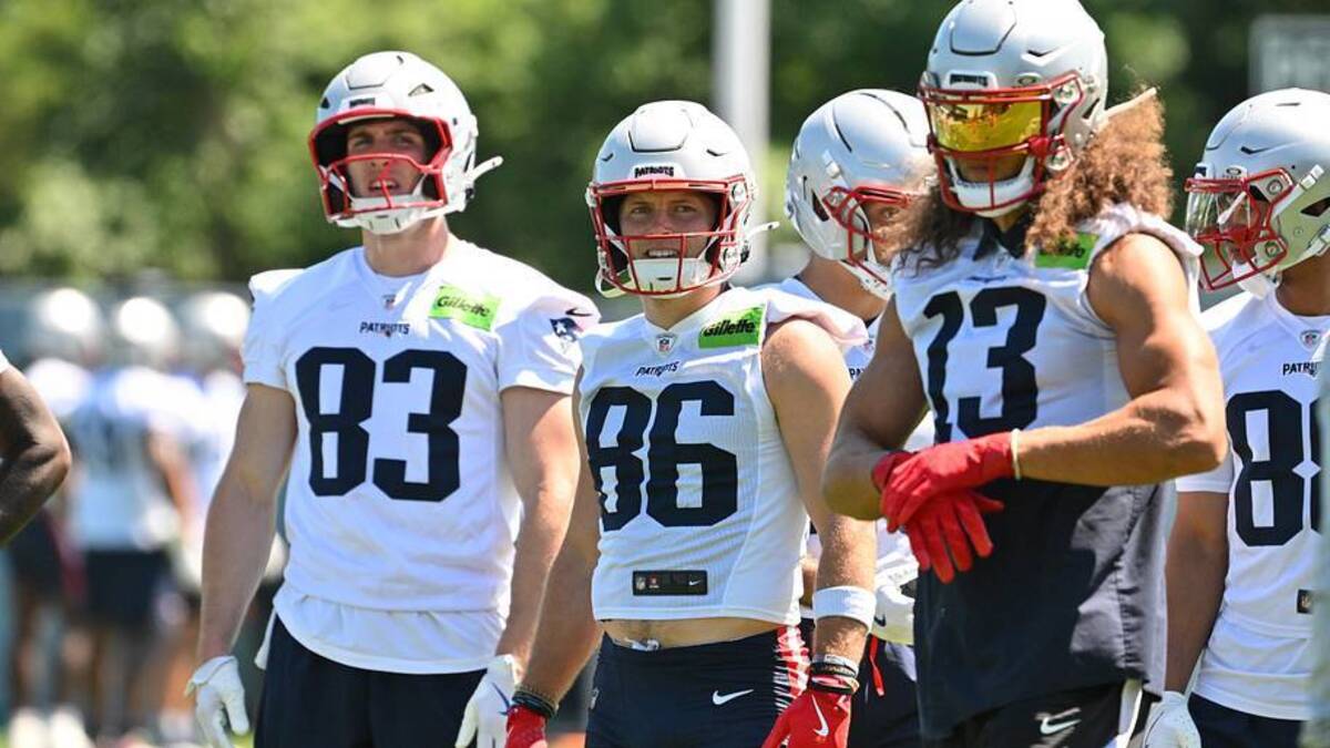  Jun 9, 2026; Foxborough, MA, USA; New England Patriots wide receiver Efton Chism III (86) looks on during minicamp at Gillette Stadium. Mandatory Credit: Eric Canha-Imagn Images | Eric Canha-Imagn Images 