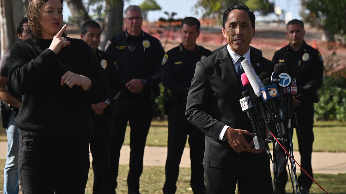 San Diego Mayor Todd Gloria gives an update brief with local police officers and FBI during a press conference of law enforcement and emergency services responding to a shooting at the Islamic Center of San Diego (ICSD) on May 18, 2026, in San Diego, California. San Diego Police said they responded to an "active shooter" at the Islamic Center on Monday afternoon. (Carlos A. Moreno/Getty Images/TNS)
