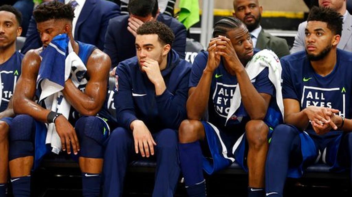 Jimmy Butler, Tyus Jones, Andrew Wiggins, Karl-Anthony Towns