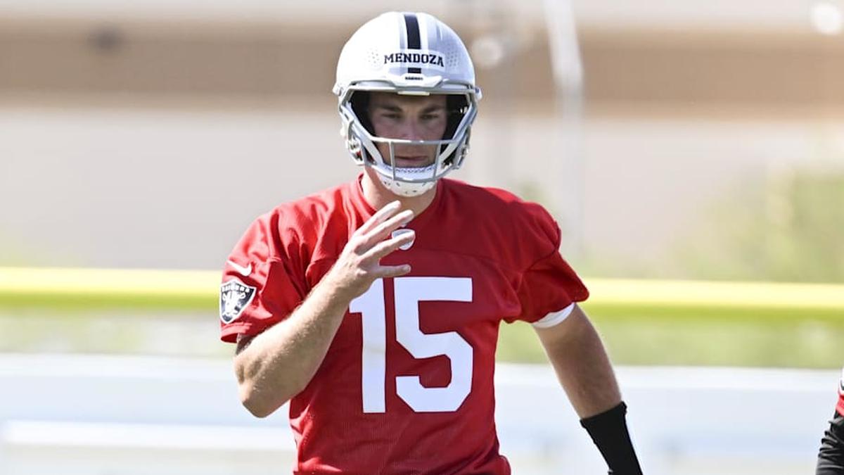  May 2, 2026; Henderson, NV, USA; Las Vegas Raiders quarterback Fernando Mendoza (15) warms up during a Rookie Minicamp at Intermountain Health Performance Center. Mandatory Credit: Candice Ward-Imagn Images | Candice Ward-Imagn Images 