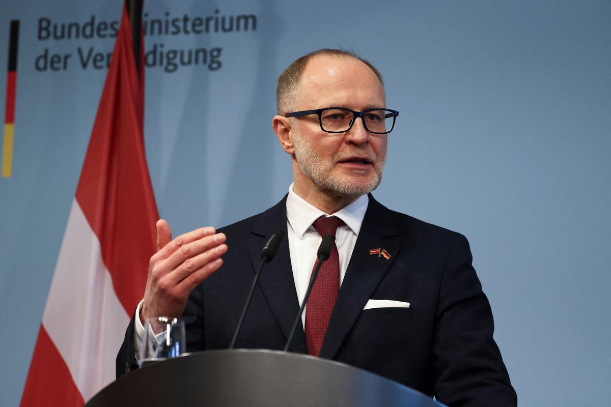 FILE PHOTO: Latvia's Defence Minister Andris Spruds speaks during a press conference with German Defence Minister Boris Pistorius, in Berlin, Germany, March 16, 2026. REUTERS/Nadja Wohlleben/File photo