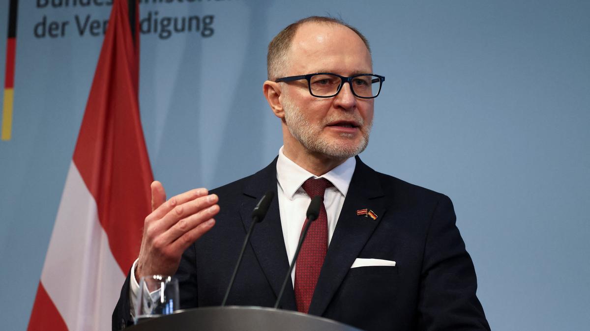 FILE PHOTO: Latvia's Defence Minister Andris Spruds speaks during a press conference with German Defence Minister Boris Pistorius, in Berlin, Germany, March 16, 2026. REUTERS/Nadja Wohlleben/File photo