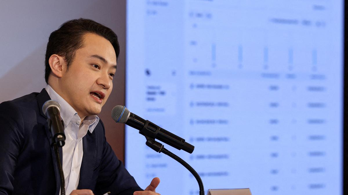 FILE PHOTO: Justin Sun, founder of Tron, speaks during an press conference in Hong Kong, China April 3, 2025. REUTERS/Tyrone Siu/File Photo