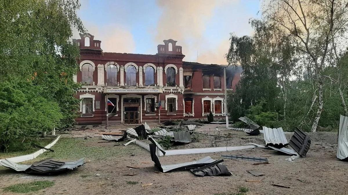 A destroyed building of the Starobilsk College of Luhansk Pedagogical University following an overnight attack, what Russian-installed authorities called a Ukrainian drone strike, in the course of the Russia-Ukraine conflict in the town of Starobilsk (Starobelsk) in the Luhansk region, a Russian-controlled area of Ukraine, May 22, 2026. Leonid Pasechnik, head of the Russian-controlled parts of the Luhansk Region/Handout via REUTERS