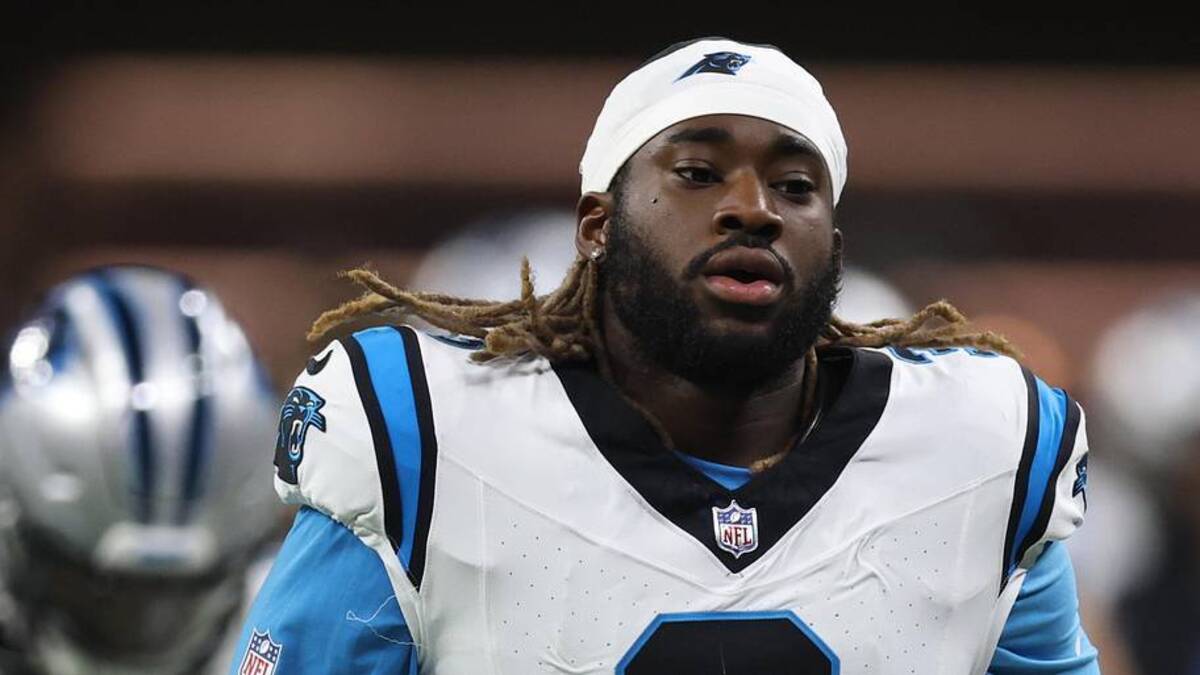  Dec 14, 2025; New Orleans, Louisiana, USA; Carolina Panthers linebacker Princely Umanmielen (3) runs on the field before the game against the New Orleans Saints at Caesars Superdome. Mandatory Credit: Stephen Lew-Imagn Images | Stephen Lew-Imagn Images 