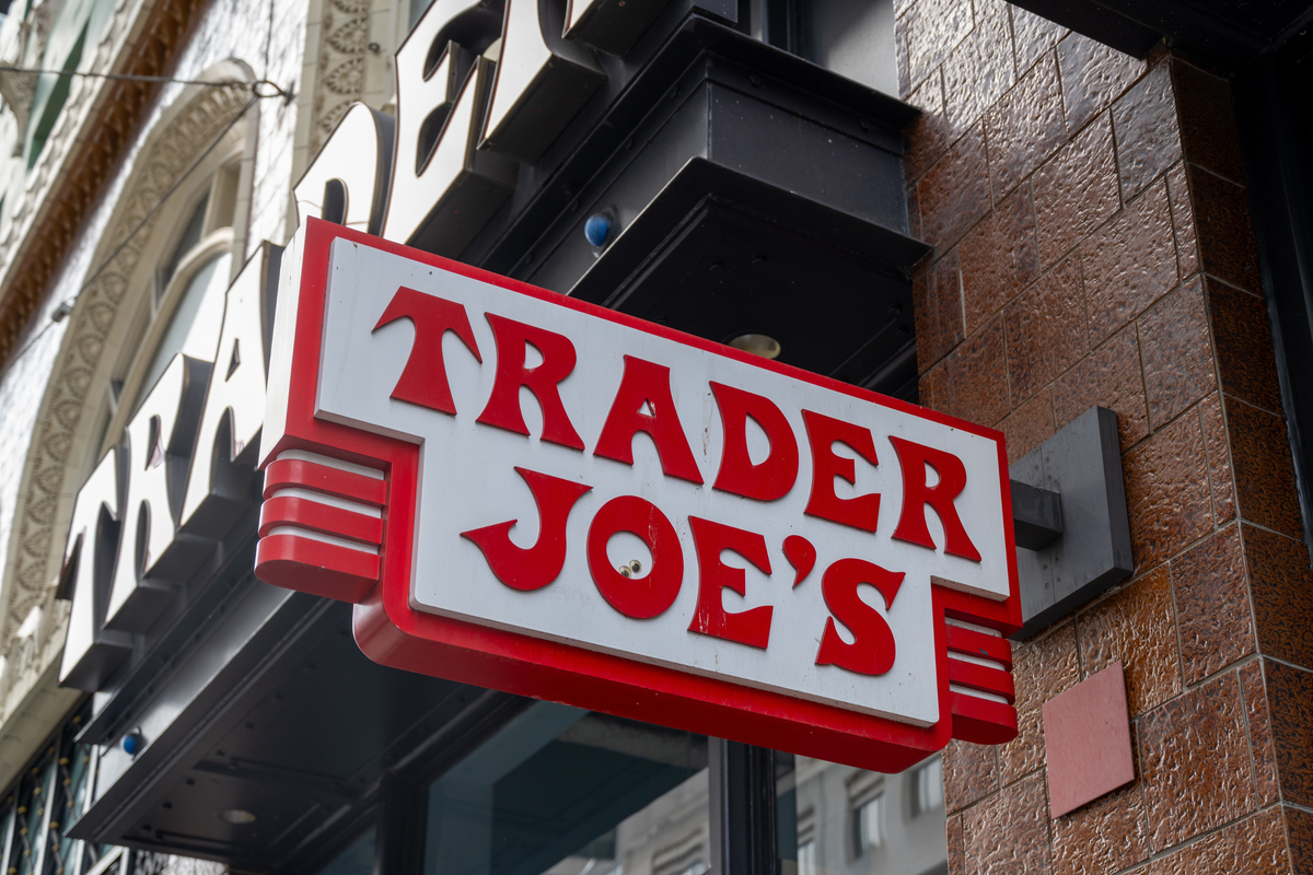  Close-up of Trader Joe’s grocery store sign on building facade, San Francisco, California, August 29, 2025. 