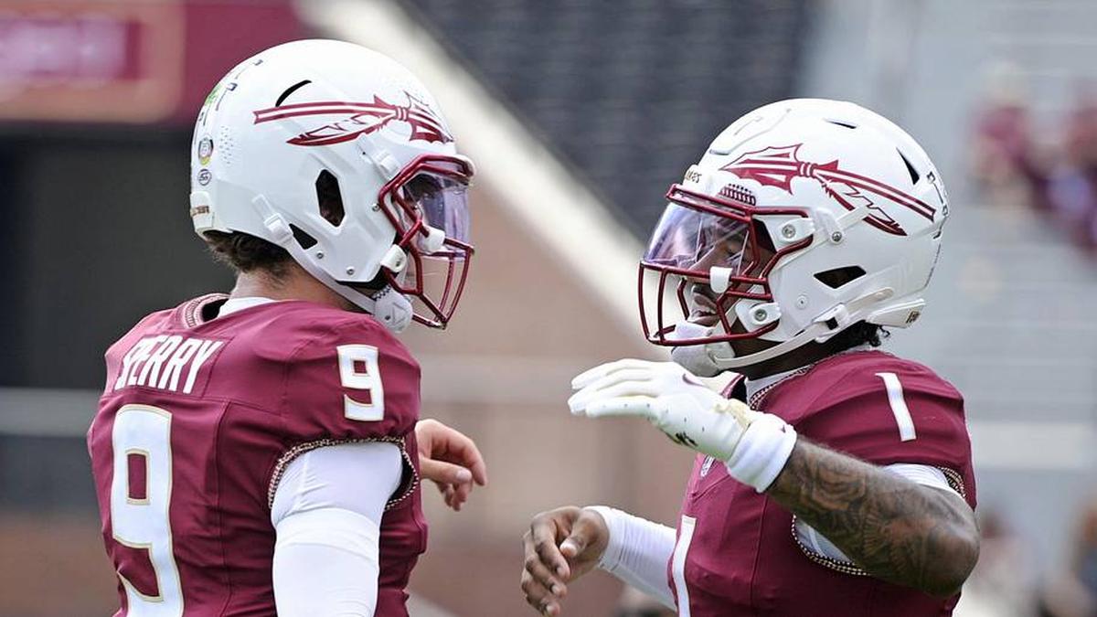  Sep 20, 2025; Tallahassee, Florida, USA; Florida State Seminoles quarterbacks Thomas Castellanos (0) and Kevin Sperry (9) before the game against the Kent State Golden Flashes at Doak S. Campbell Stadium. Mandatory Credit: Melina Myers-Imagn Images | Melina Myers-Imagn Images 