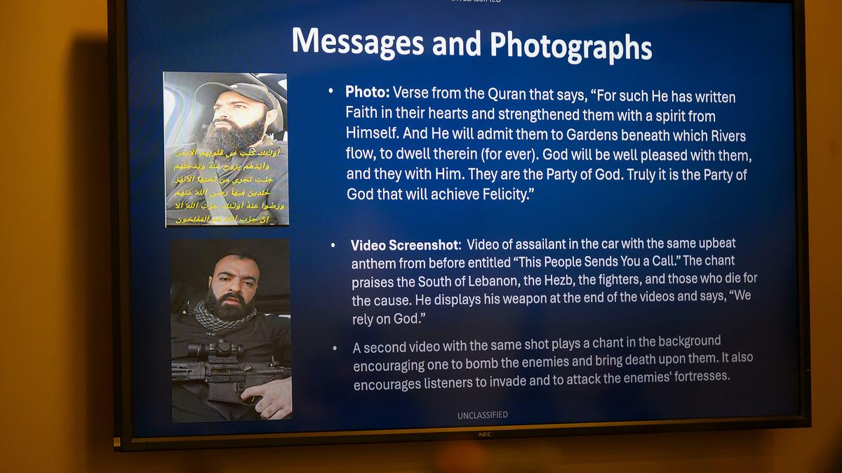 Slides with information about Ayman Ghazali of Dearborn Heights, Michigan, are shown during a news conference at the FBI field office in Detroit on Monday. Ghazali is accused of driving his truck through the southeast entrance of Temple Israel synagogue in West Bloomfield Township on March 12, injuring a security guard before he fatally shot himself.