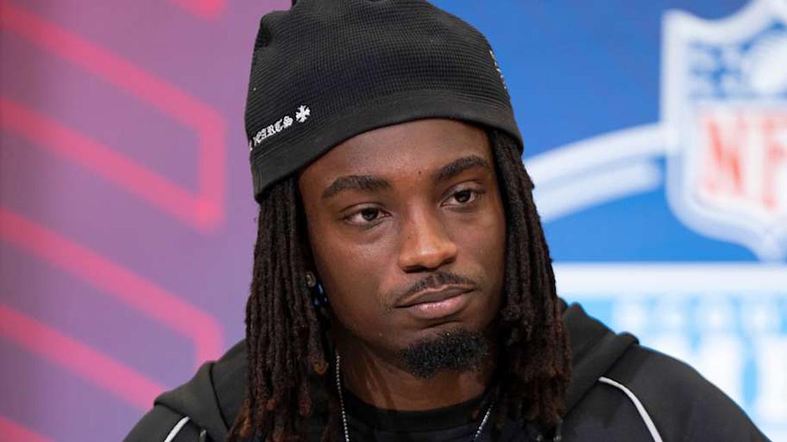  Feb 26, 2026; Indianapolis, IN, USA; Southern California defensive back Bishop Fitzgerald (DB35) speaks to members of the media during the NFL Combine at the Indiana Convention Center. Mandatory Credit: Jacob Musselman-Imagn Images | Jacob Musselman-Imagn Images 