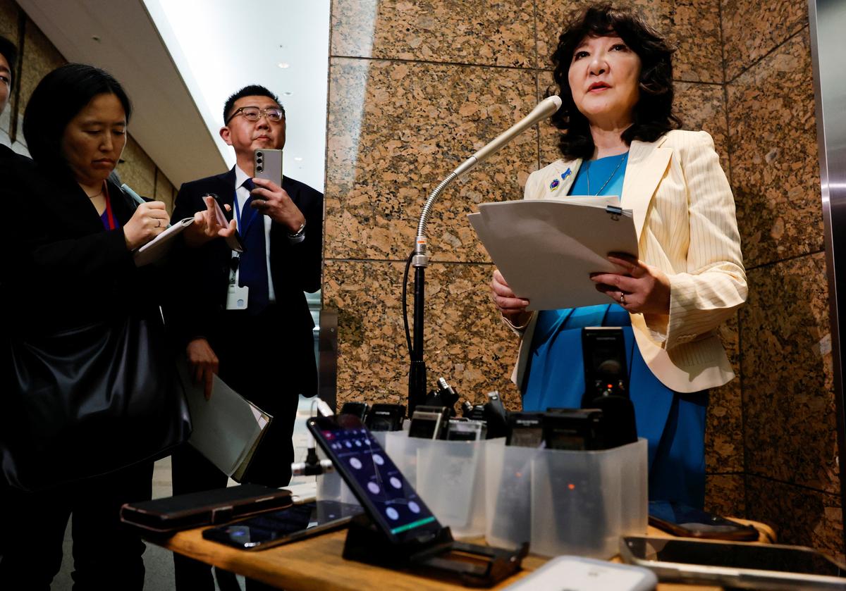 Japan's Finance Minister Satsuki Katayama speaks to media after a meeting involving the Financial Services Agency, the Bank of Japan, the National Cybersecurity Office, the country's top three banks and Japan Exchange Group, following concerns about potential vulnerabilities linked to Anthropic's Mythos AI model, in Tokyo, Japan, April 21, 2026.    REUTERS/Kim Kyung-Hoon
