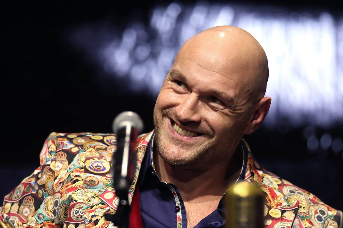  LONDON, ENGLAND - NOVEMBER 16: Tyson Fury reacts during the Tyson Fury v Oleksandr Usyk Press Conference at Outernet London on November 16, 2023 in London, England. (Photo by Alex Pantling/Getty Images) Tyson Fury / Getty Images