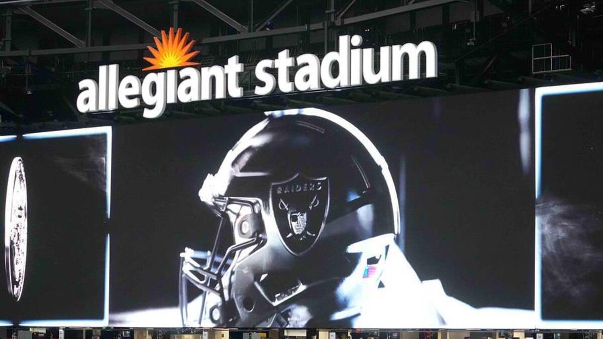  Jan 4, 2026; Paradise, Nevada, USA; The Las Vegas Raiders helmet logo on the video board at Allegiant Stadium. Mandatory Credit: Kirby Lee-Imagn Images | Kirby Lee-Imagn Images 