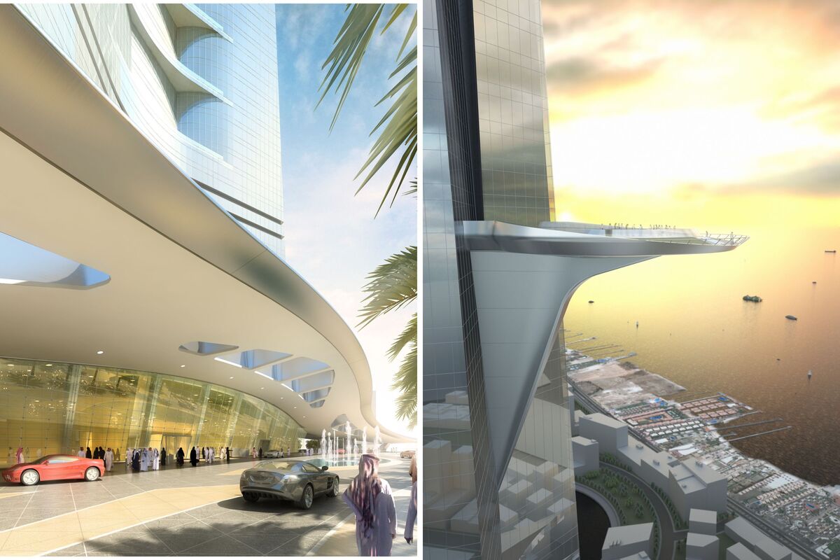  Renderings of the base of The Jeddah Tower (left) and its observation desk (right). 