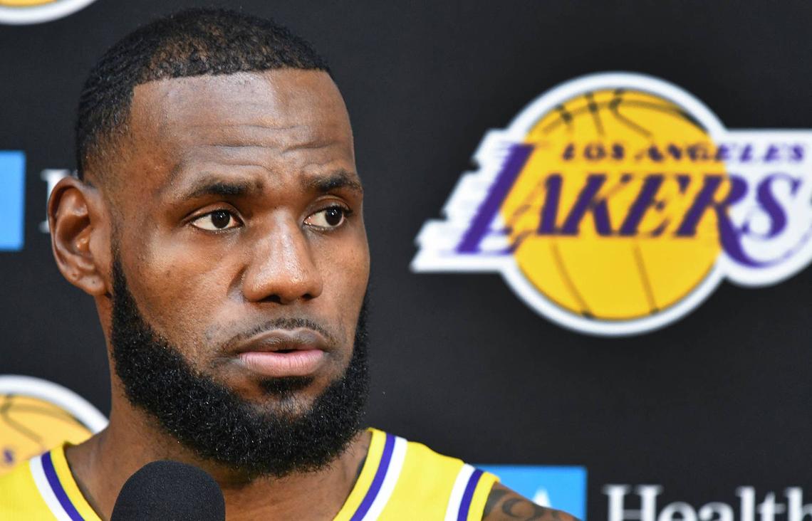  Los Angeles Lakers star LeBron James listens to a question during an interview session with reporters. Robert Hanashiro-Imagn Images