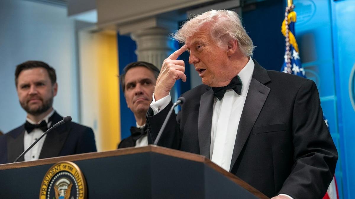 President Donald Trump speaks at the White House on April 25, 2026, after the cancellation of the annual White House Correspondents Association Dinner. 