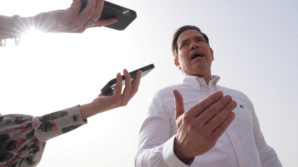 United States Secretary of State Marco Rubio speaks to the journalists before boarding his plane at Indira Gandhi International Airport in New Delhi, India, Monday, May 25, 2026.     Julia Demaree Nikhinson/Pool via REUTERS