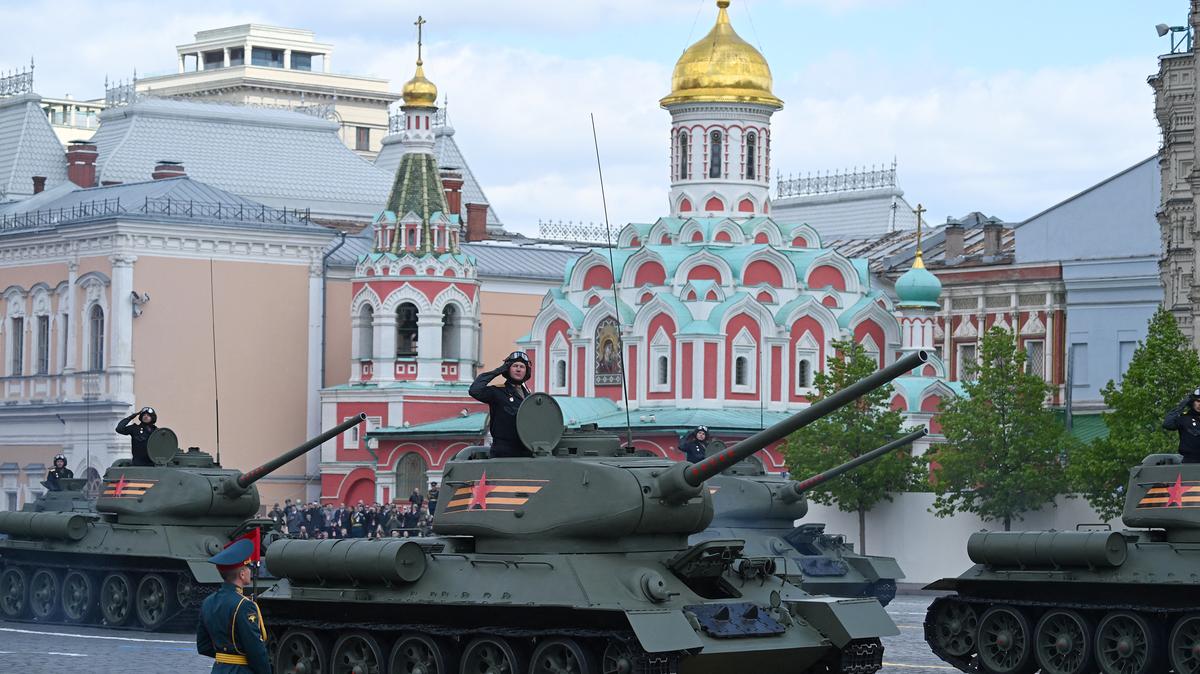 A column of Soviet era T-34 tanks drives across Red Square during the Victory Day military parade in central Moscow on May 9, 2025. Russia celebrates the 80th anniversary of the Soviet Union's victory over Nazi Germany in World War Two (WWII). (Kirill Kudryavtsev/AFP/Getty Images/TNS)