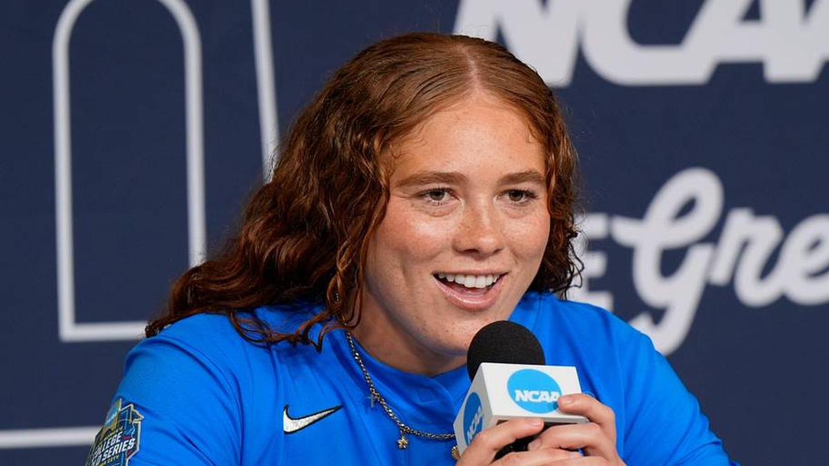  Megan Grant of UCLA interviews during the Women's College World Series (WCWS) media day at Devon Park in Oklahoma City, Wednesday, May 27, 2026. | DOUG HOKE/THE OKLAHOMAN / USA TODAY NETWORK via Imagn Images 