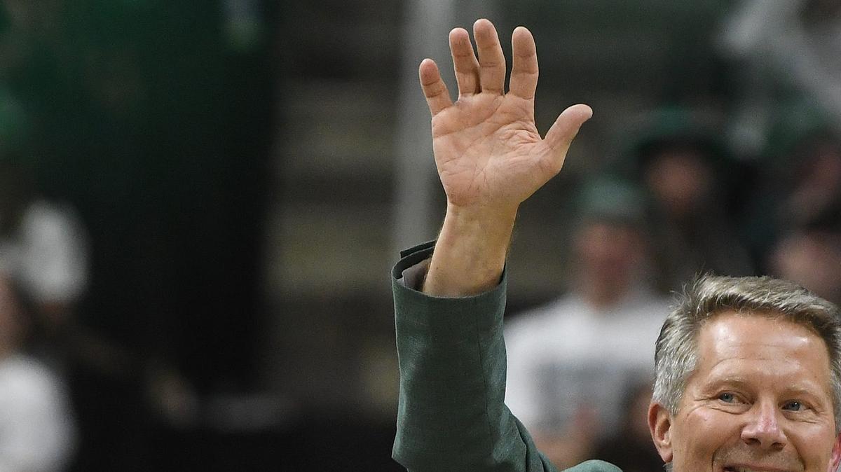 Michigan State University President Kevin Guskiewicz introduces himself to the students at a basketball game against Northwestern at the Breslin Center in East Lansing, Mich., on March 6, 2024, shortly after arriving on campus. (Daniel Mears/The Detroit News/TNS)