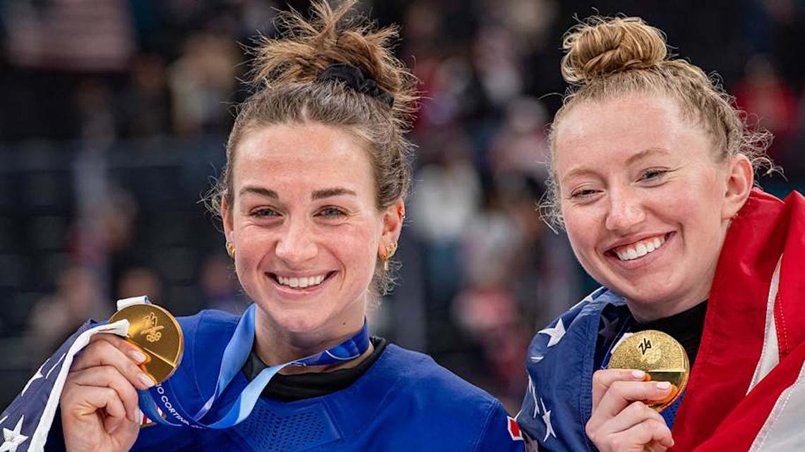  Heise, left, and Grace Zumwinkle, right, are also teammates on the PWHL's Minnesota Frost. | RvS.Media/Monika Majer/Getty Images 