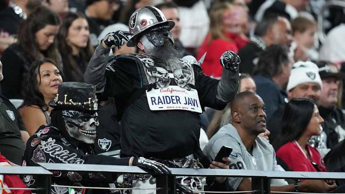  Jan 4, 2026; Paradise, Nevada, USA; Las Vegas Raiders fan Javier Reyna aka Raider Javi reacts in the second half against the Kansas City Chiefs at Allegiant Stadium. Mandatory Credit: Kirby Lee-Imagn Images | Kirby Lee-Imagn Images 