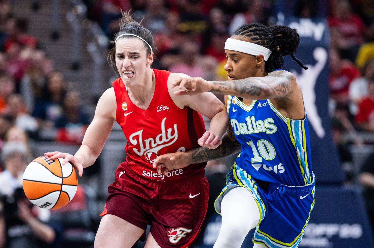  Indiana Fever guard Caitlin Clark (22) dribbles the ball while Dallas Wings guard Aziaha James (10) defends. Trevor Ruszkowski-Imagn Images
