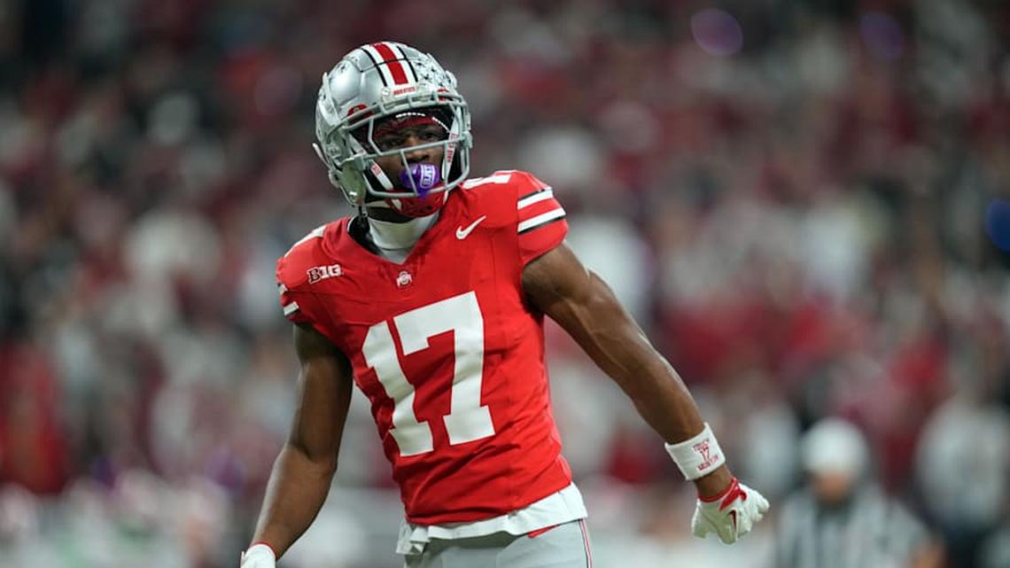  Dec 6, 2025; Indianapolis, IN, USA; Ohio State Buckeyes wide receiver Carnell Tate (17) looks on in the first half against the Indiana Hoosiers during the 2025 Big Ten championship game at Lucas Oil Stadium. Mandatory Credit: Aaron Doster-Imagn Images | Aaron Doster-Imagn Images 