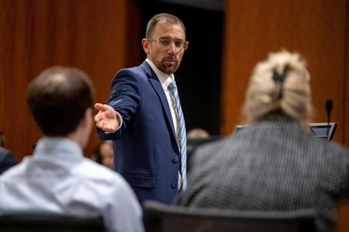 Deputy Utah County Attorney Ryan McBride gestures to the defense table of Tyler Robinson and lawyer Kathryn Nester as they attend a hearing for Robinson, accused in the fatal shooting of conservative activist Charlie Kirk, in 4th District Court in Provo, Utah, U.S., April 17, 2026.  Trent Nelson/Pool via REUTERS