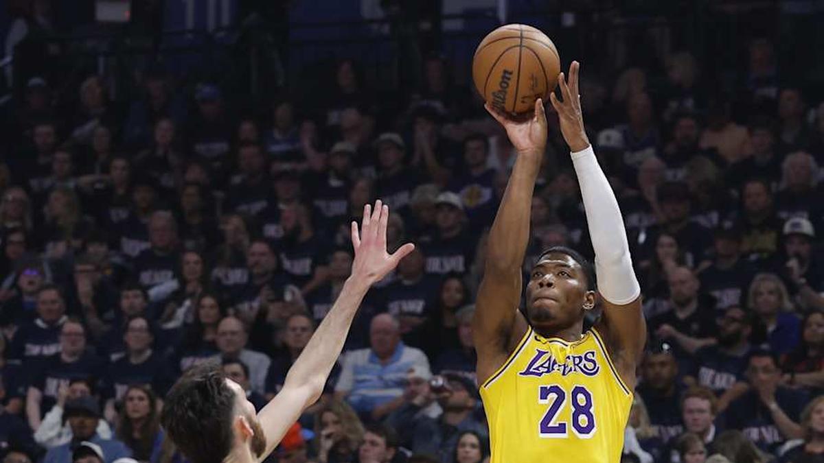  May 7, 2026; Oklahoma City, Oklahoma, USA; Los Angeles Lakers forward Rui Hachimura (28) shoots over Oklahoma City Thunder center Chet Holmgren (7) in the first half during game two of the second round of the 2026 NBA Playoffs at Paycom Center. Mandatory Credit: Alonzo Adams-Imagn Images | Alonzo Adams-Imagn Images 