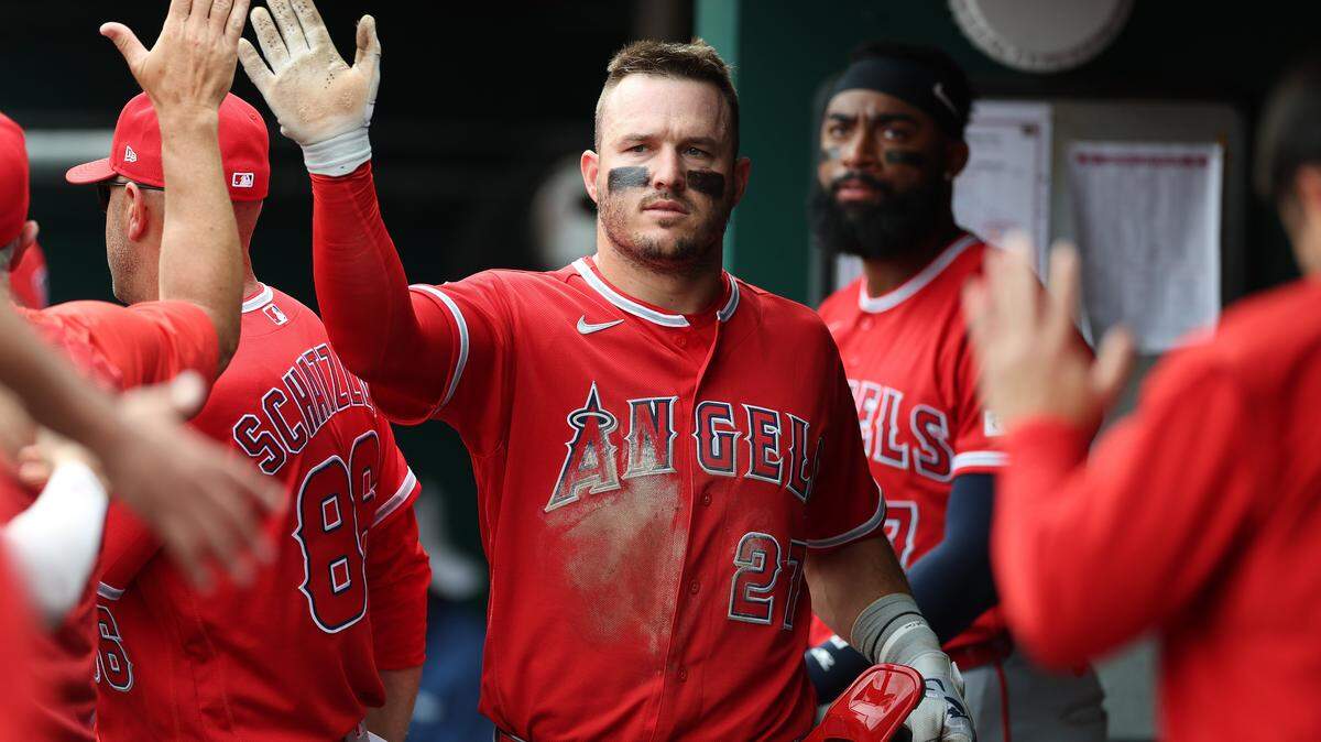 Mike Trout (27) of the Los Angeles Angels celebrates after scoring against the Reds on April 12 in Cincinnati.