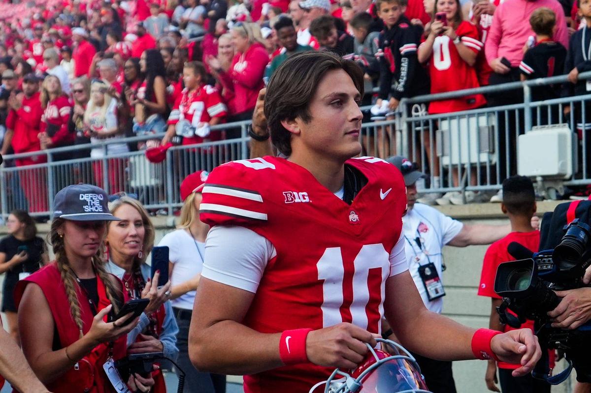  Ohio State Buckeyes quarterback Julian Sayin (10) walks off the field after defeating Grambling State Tigers. © Samantha Madar/Columbus Dispatch / USA TODAY NETWORK via Imagn Images