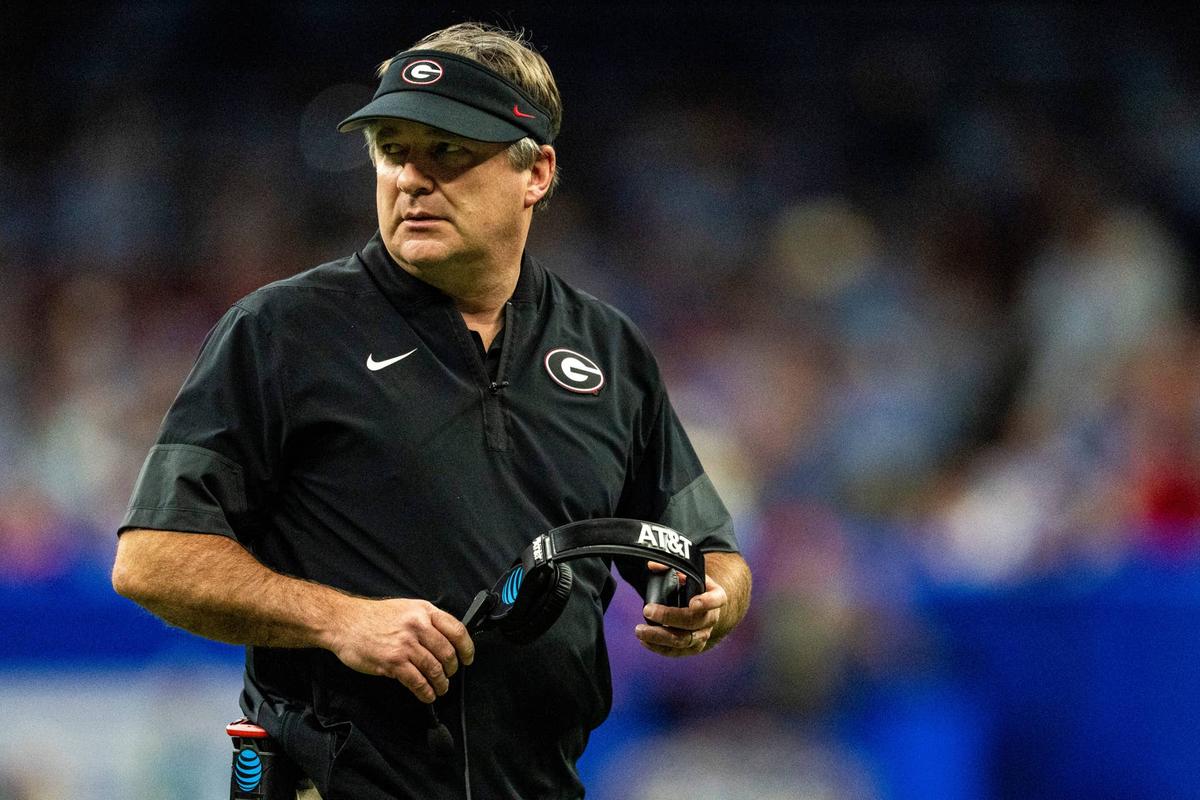  Georgia head coach Kirby Smart looks toward the field during the Sugar Bowl and College Football Playoff quarterfinals at Caesars Superdome in New Orleans, La., on Thursday, Jan. 1, 2026. 