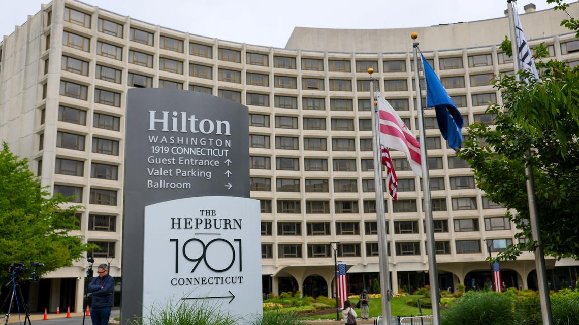 The exterior of the Washington Hilton Hotel is seen, where President Donald Trump was expected to speak during the annual White House Correspondents Association Dinner, on Sunday, April 26, 2026, in Washington, D.C. (Tasos Katopodis/Getty Images/TNS)