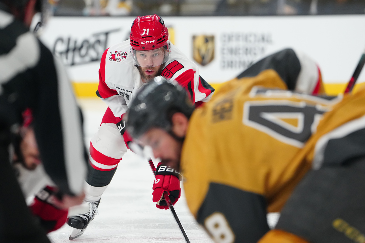 Jun 14, 2026; Las Vegas, Nevada, USA; Carolina Hurricanes left wing Taylor Hall (71) prepares for a faceoff during the second period against the Vegas Golden Knights in game six of the 2026 Stanley Cup Final at T-Mobile Arena. Mandatory Credit: Stephen R. Sylvanie-Imagn Images