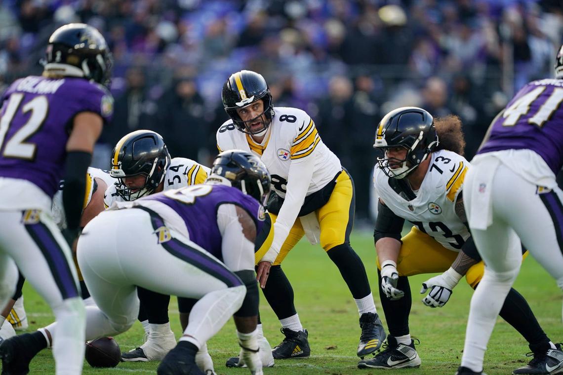  Dec 7, 2025; Baltimore, Maryland, USA; Pittsburgh Steelers quarterback Aaron Rodgers (8) calls a play against the Baltimore Ravens during the second half at M&T Bank Stadium. Mandatory Credit: Mitch Stringer-Imagn Images 